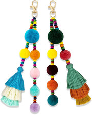 Beaded Bag Charm Pom Pom Keychain Bag Accessories Cute Bag Charm Boho Gifts for