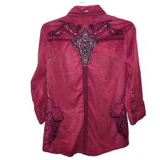 Roar Pink Embellished Y2K Western Button Up Shirt Large Cross Sz L Pockets