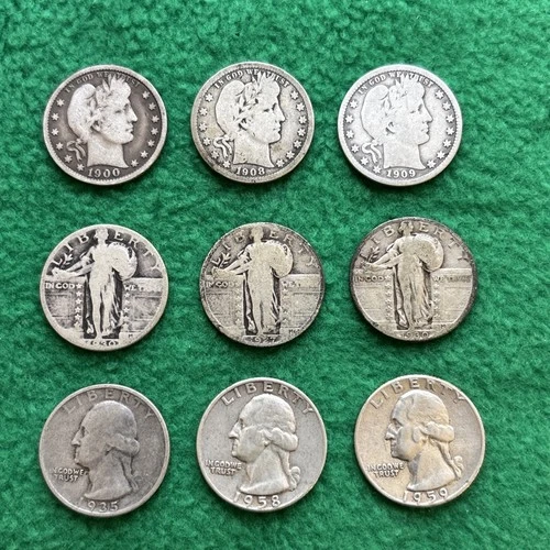 US 90% Silver Quarter Combo Lot - 3 Barber - 3 Standing - 3 Washington Oh My!!