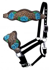 Showman Bronc Halter w/ Blue Flower  Cheetah Design Leather Noseband
