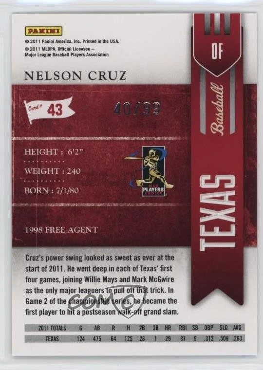 2011 Playoff Contenders Season Tickets Playoff Tickets /99 Nelson Cruz #43 - Image 2 of 2