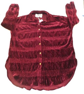 NWT Cupio Womens Burgundy Crushed Velvet Long Sleeve Button-Up Shirt S
