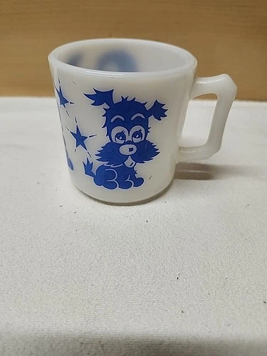 Vintage Hazel Atlas Milk Glass Child's Puppy Bunny Duck Blue Star Mug