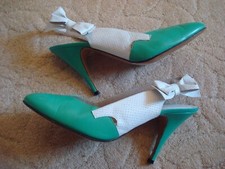 ~ JACQUES VERT ~ Leather SLINGBACK + Bow Trim side or  back 3" HEEL SHOES Aqua 6