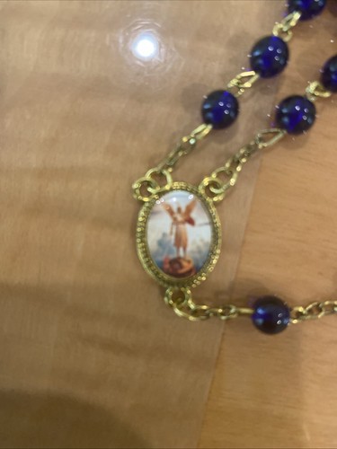 🙏 FASTENZEIT🙏Heiliger Michael Rosenkranz aus blauem Glas, goldfarbenes Kruzifix🙏HEILIGE KARTE🙏 - Bild 3 von 6