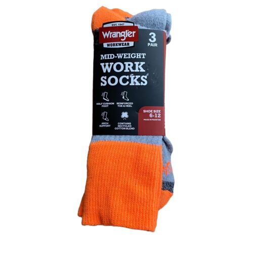 Wrangler Mid Weight Work Socks Crew Boot 3 Pair Shoe Size 6-12 Gray Orange - Picture 1 of 3