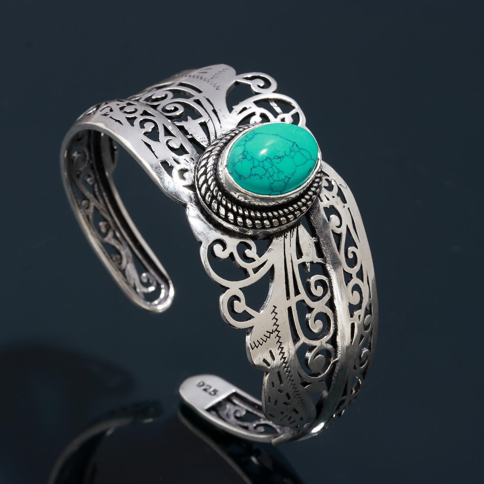 Bangle Tibetan Turquoise Gemstone Handmade 925 Sterling Silver Cuff Adjustable-image