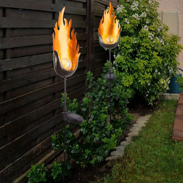 2X AußEnlampe Terrassenleuchte Solarlampe Led Gartendeko Flammen Optik H 93,4 Cm-image