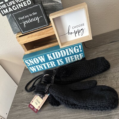 Muk Luks Black-Silver Stripe Chunky Lined Logo Mittens Women s OSFM New W/Tags