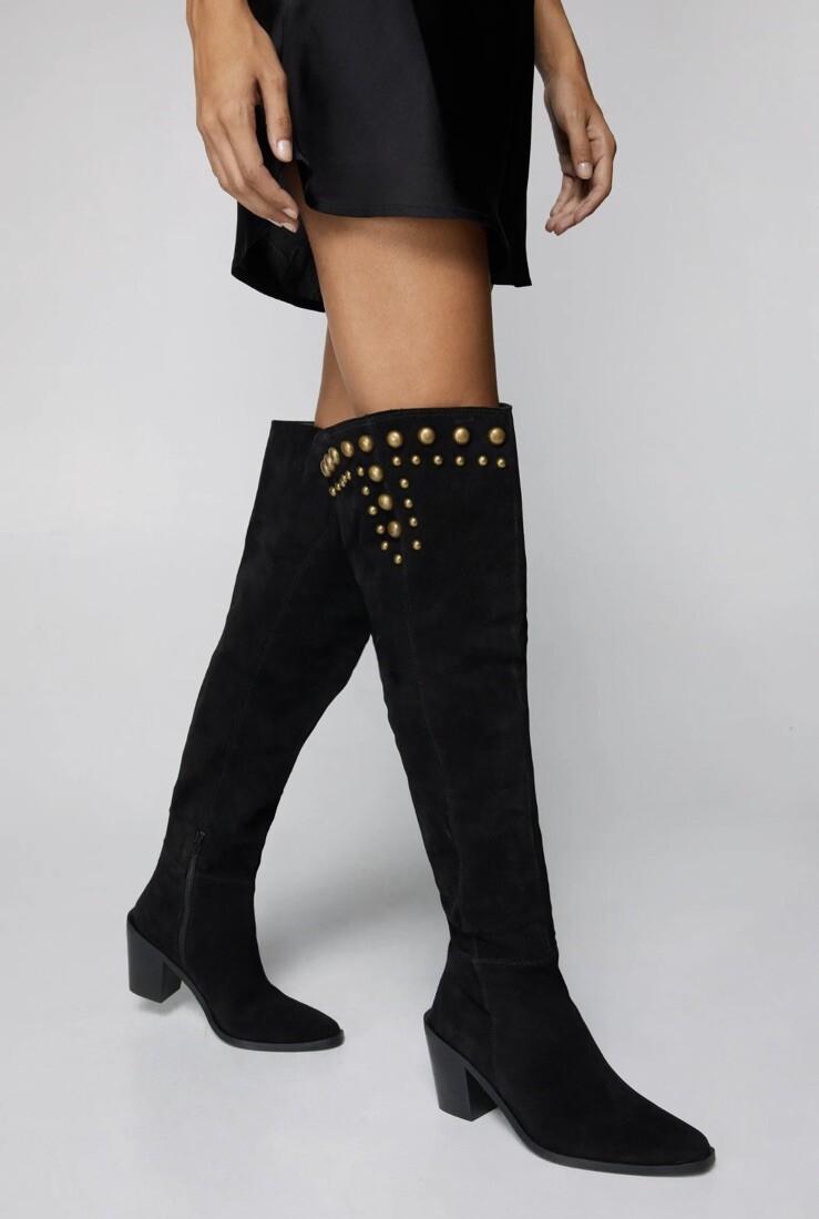 Nasty Gal Real Suede Slouchy Studded Thigh High Boots UK