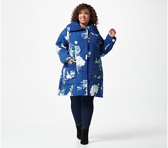 Isaac Mizrahi Live! Quilted Photoreal Floral Printed Puffer Coat