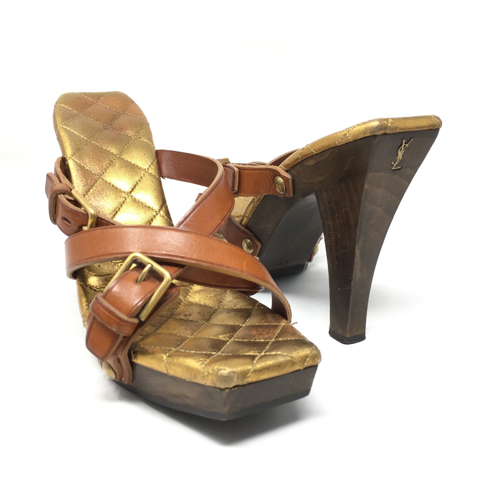 Sandali donna Yves Saint Laurent YSL logo scarpe tacchi taglia 37 EU 7 marroni USA