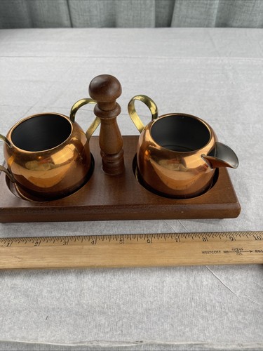 Coppercraft Creamer and Sugar Bowl W/ Wood Caddy Vintage - Picture 17 of 20