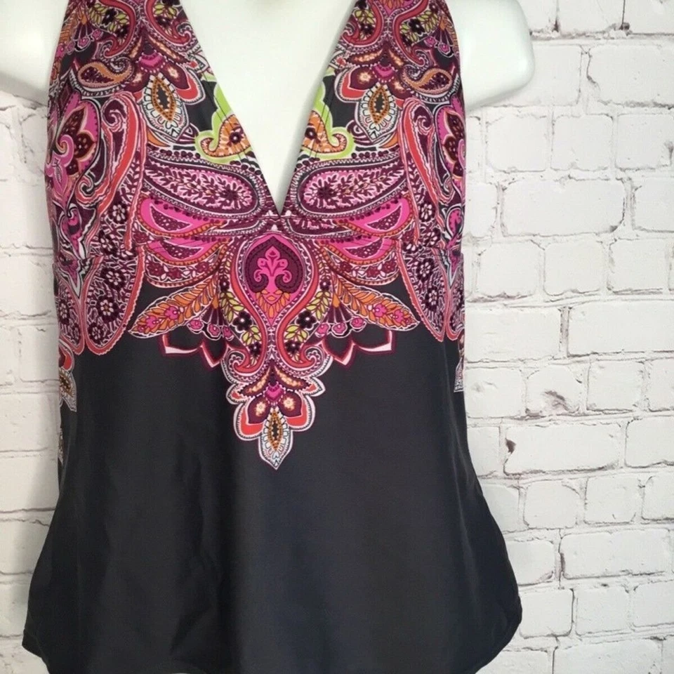 Tankini de natación Athleta para mujer marrón/rosa estampado cachemir cuello halter talla S Foto 2 de 4