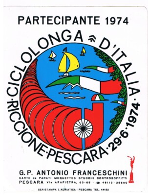 STICKER - CYCLOLONGA D'ITALIA - PARTICIPANT 1974 - RICCIONE PESCARA 29 JUNE