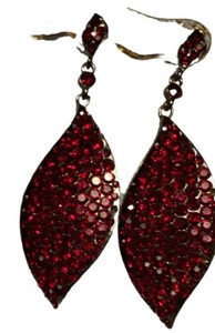 Earrings BIG LONG 3" Red Crystals Sparkle Dangle Drop Pierced