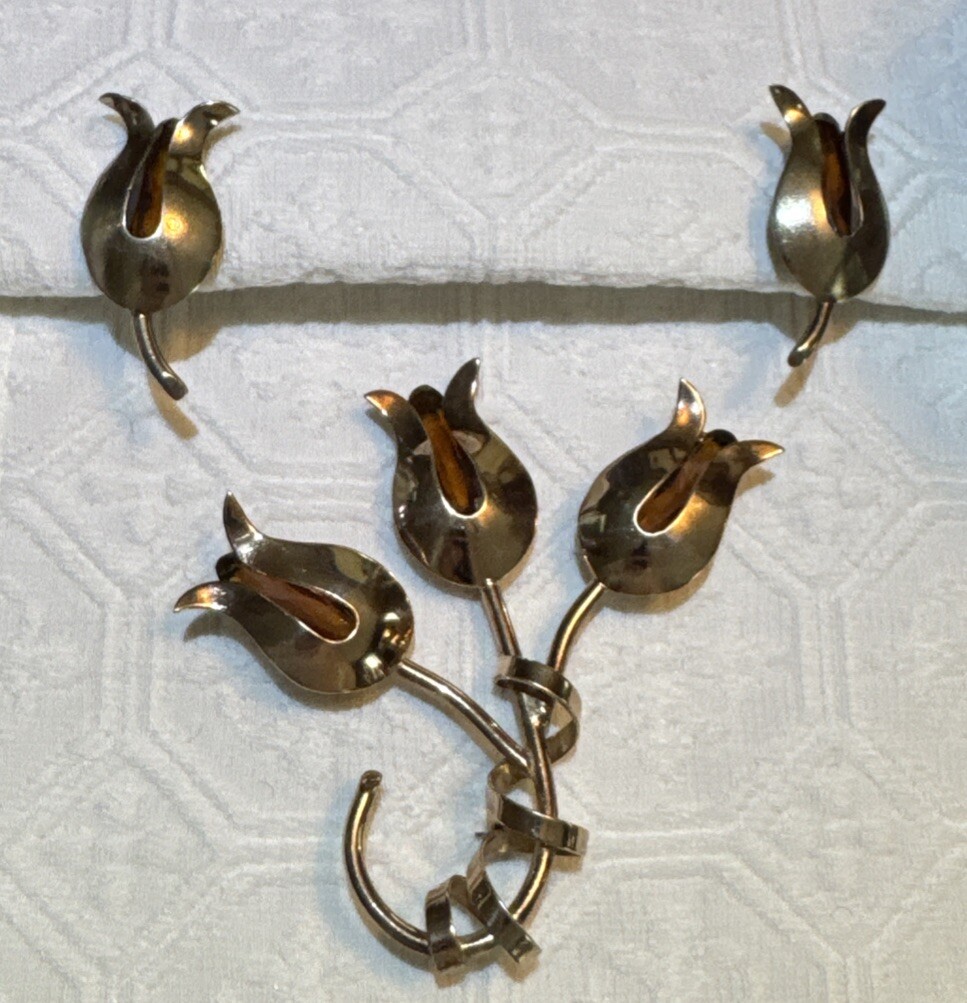 VTG Hess-Appel JOLLE Jewelry Set Rare MCM Tulip Earrings/Brooch Sterling  Signed - Main Image