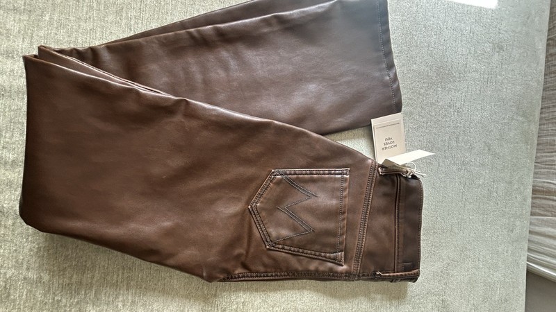 Mother Brown Leather Straight Pants Mid Rise 32" Inseam Pockets Button Zip