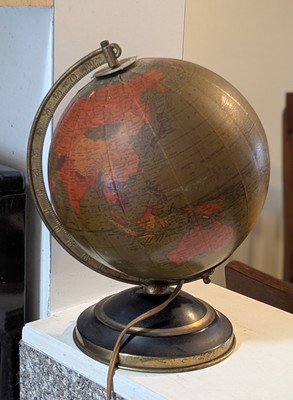 Working 1940s Replogle 8'' Desk Globe LAMP, Paper Gores over Glass, Vintage
