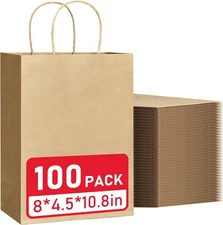 100PCS Brown Kraft Gift Bags – 8x4.5x10.8" Paper Bags with Handles Bulk