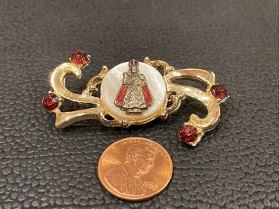 VTG Red Gems Mother Of Pearl MOP Gold Tone Enameled Infant Of Prague BROOCH PIN