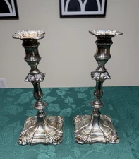 Pair Silver Plate Candlesticks  Ornate Baroque 9” remov. Bobeche English George2