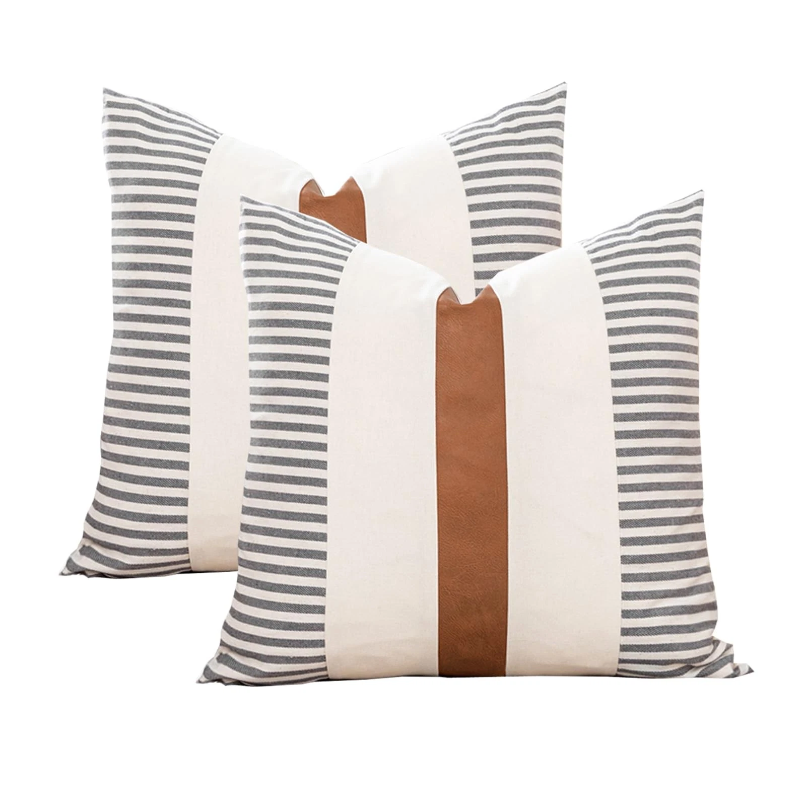 2 Pack Farmhouse Stripe Pillow Cover 18x18 Modern Faux Leather and Cotton Acc...