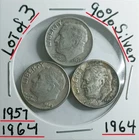 Lot of 3 Roosevelt Dime 90% Silver VG Condition 1957-D 1964 -1964 Look @ & Judge