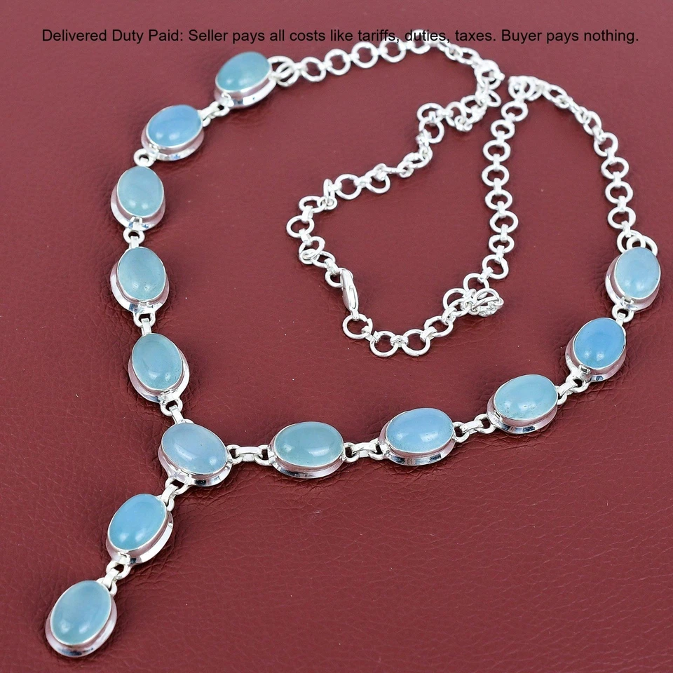 Collar de cadena de piedras preciosas aguamarina de plata de ley 925 para mujer Foto 3 de 4