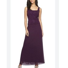 Alex Evenings Women Eggplant Purple Glitter Chiffon Gown Dress