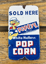 Vintage Popeye White Hulless Popcorn Sold Here Gas Oil Pump Porcelain Ad Sign Vintage Popeye White Hulless Popcorn Sold Here Gas Oil Pump Porcelain Ad Sign