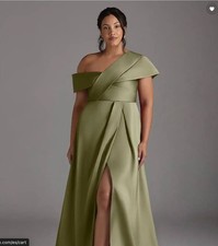 Azazie A14 Sage Green Off Shoulder Satin Gown Dress Bridesmaid Formal Long