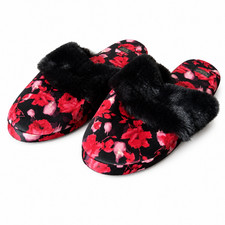 Victorias Secret Slippers Women Medium 7-8 Floral Satin Red Black Faux Fur Trim