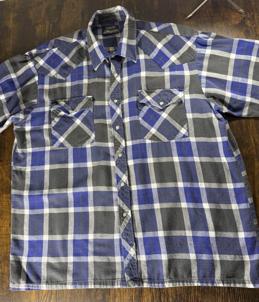 Xadrez preto índigo vintage Outlaw Western Wear masculino L/S botão para cima pérola encaixe XL/2XL - Imagem 2 de 4