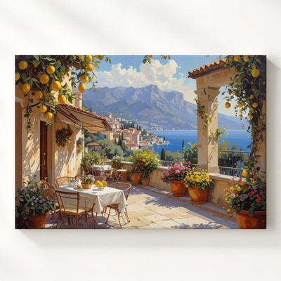 Wall Art Mediterranean Terrace View Canvas Lemon Trees & Mountain Village