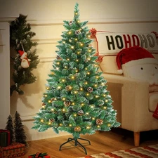 4/5/6/7ft Artificial Christmas Tree Snow Flocked Pine Cone w/ Lights Metal Stand