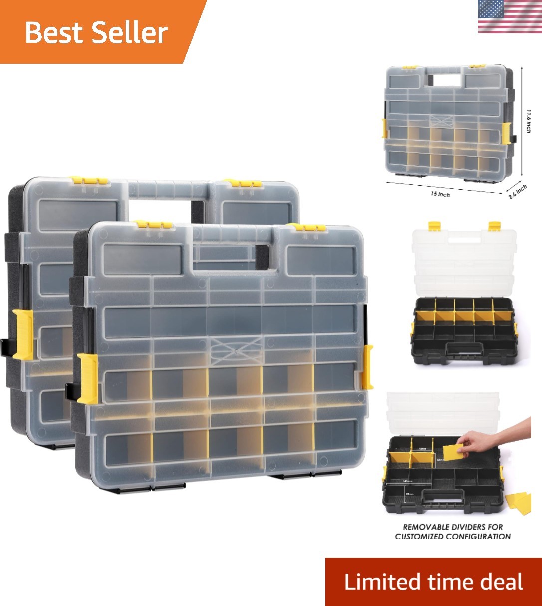 34-Slot Small Parts Organizer Set - Black & Yellow Storage Solution