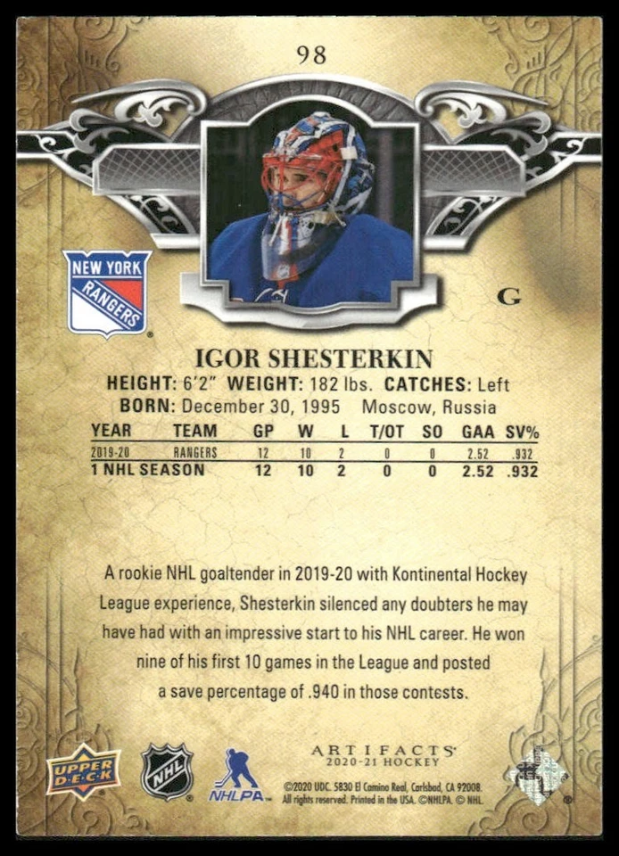 2020-21 Upper Deck Artifacts #98 Igor Shesterkin New York Rangers - Image 2 of 2