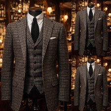 Vintage Houndstooth Men's Suits Prom Party Jacket 3Pcs Business Casual Blazer