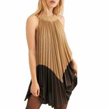 Free People Mini Dress Womens S Gold Pleated Love 