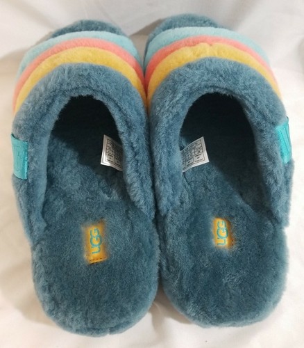 UGG Herren Fluff You Streifen Marina Blau Kunstfell Hausschuhe Neu ohne Karton - Bild 3 von 5