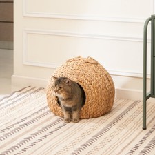 Water Hyacinth Woven Wicker Round Cat Bed Cave with Handles For Any Size Cat