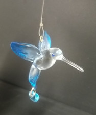 Hanging Hummingbird Clear  Blue Glass Figurine Handcrafted with Crystal Heart