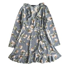 Romeo & Juliet Couture Womens M Sage Grey Floral Ruffle Long Sleeve V-neck Dress