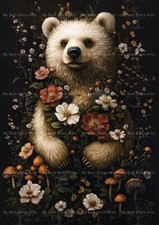BEAR FLOWERS ART PRINT, Cottagecore Wall Decor, Animal Fantasy Poster Forest