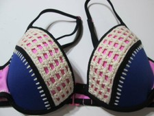 Victoria Secret Women Size 34A Bikini Top Navy/Pink Underwired Push-Up Crochet