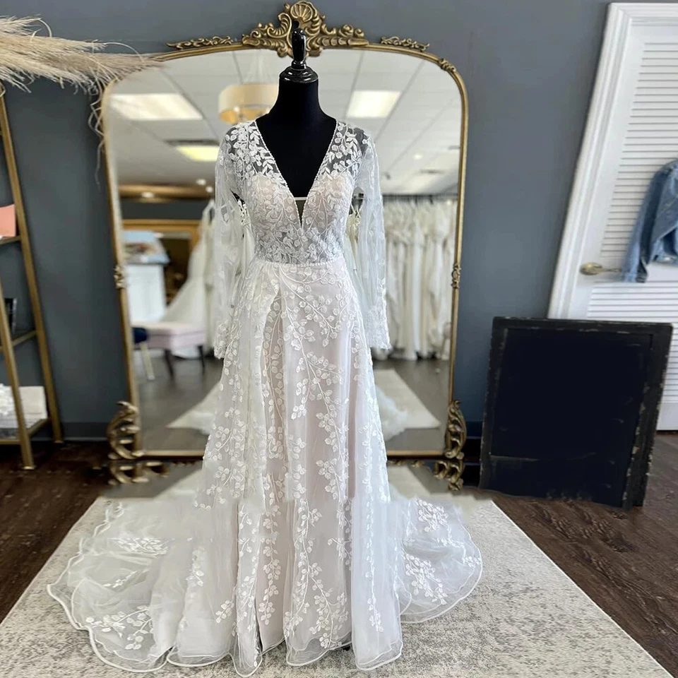 Boho Wedding Dress with Side Split Long Sleeve V Neck Backless Beach Bridal Gown - Image 3 of 4