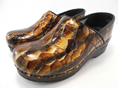Dansko Womens Gold Animal Snake Print Patent Leather Clogs Sz 37 EU  US