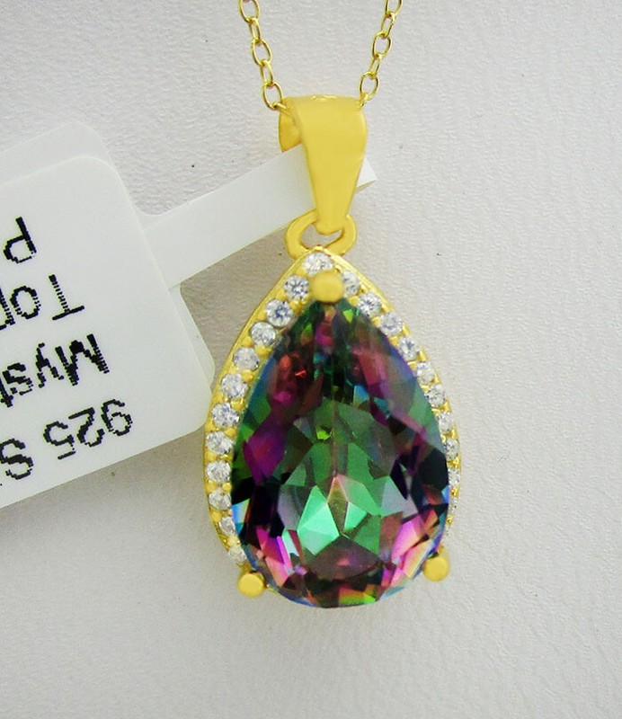 LAB MYSTIC TOPAZ  2.75 Cts & W/SAPPHIRES NECKLACE 914K YELLOW GOLD PLATED (.925)