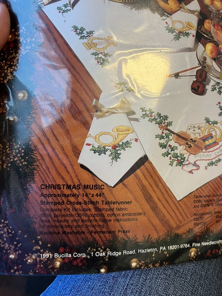 NEW Bucilla Christmas Music Table Runner 82981 Violin Holly Kit Grannycore 14x44 - Image 2 of 4